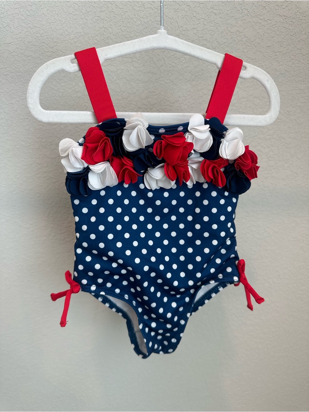 Penelope Mack Navy White Red Polka Dot Floral Ruffle One-Piece Swimsuit